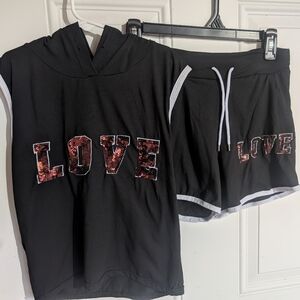 Black Short-Sleeve Hoodie and Shorts Set with Sequin Love on top and bottoms